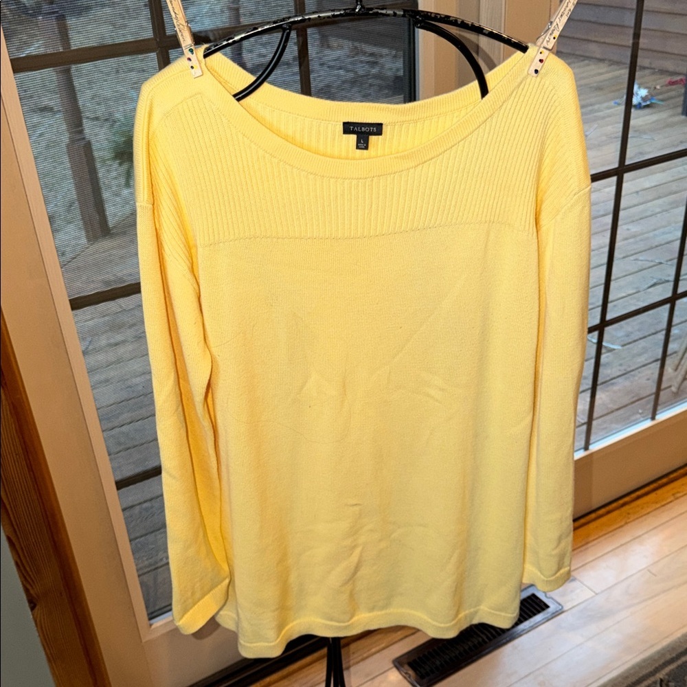 Talbots Womens Yellow Boat Neck Ribbed Yoke Long Sleeve Pullover Sweater Large